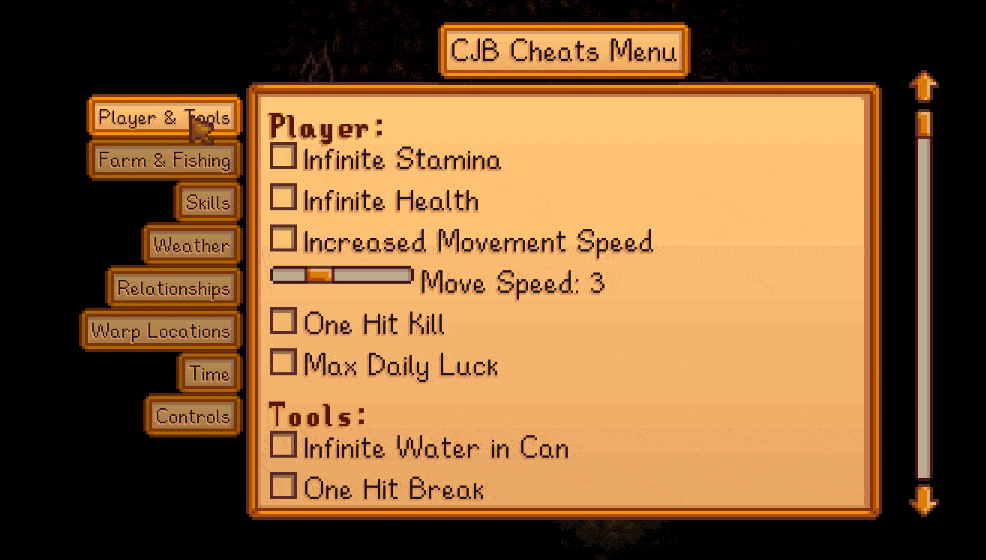 CJB Cheats Menu open in Stardew Valley